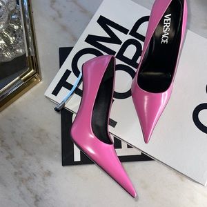 Versace Pink Pin-Point Stiletto Pumps with Curved Metal Logo Heel